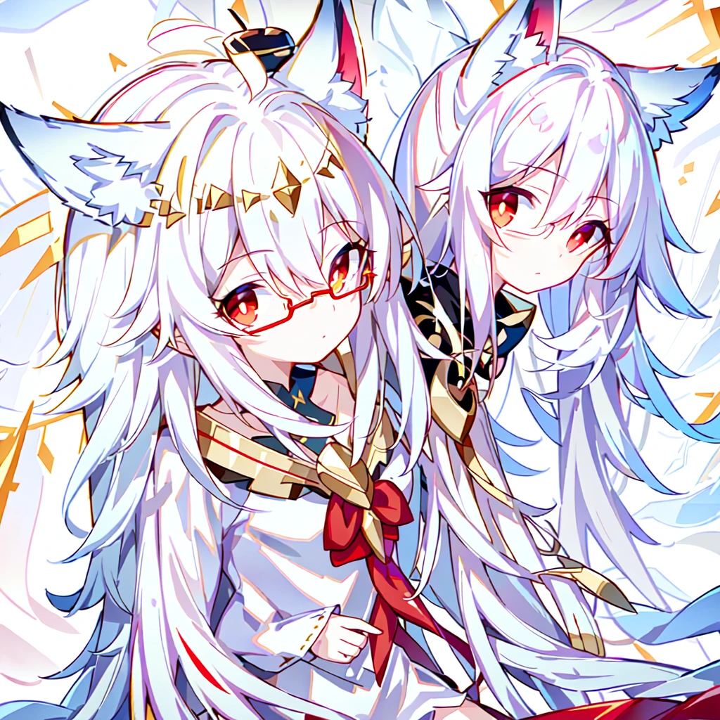 Fox-eared maiden,baby face, No makeup, Provocative expressions,slim, Perfect proportion, White straight hair, (wind, wind-effect), Red Eyes, Various visual styles for backgrounds,combines various artistic elements,like a sparkling iridescent rainbow,underwear,Gold frame glasses