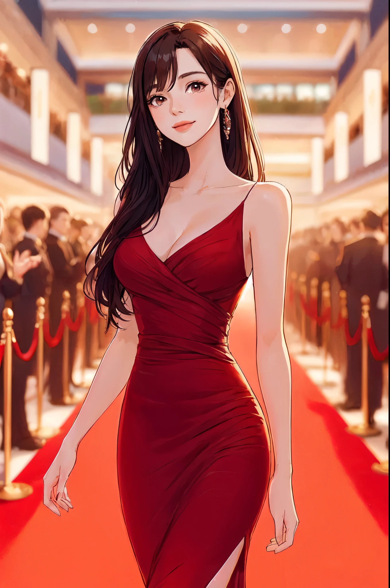 1lady solo, walking slowly, actress, (evening dress) stylish, long hem, (mature female:0.8), /(dark reddish-brown hair/) bangs, kind smile, (masterpiece best quality:1.2) delicate illustration ultra-detailed, large breasts BREAK (film festival venue) indoors, (red carpet), crowded, audience, detailed background