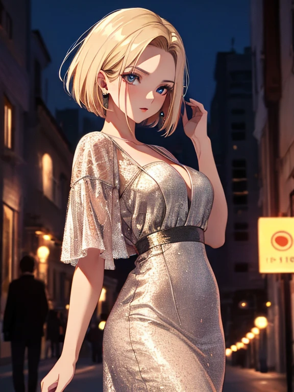 Android18Number, Evening Dress, Night view, Beauty, uhd, retina, masterpiece, ccurate, anatomically correct, textured skin, super detail, high details, high quality, best quality, highres, 4K