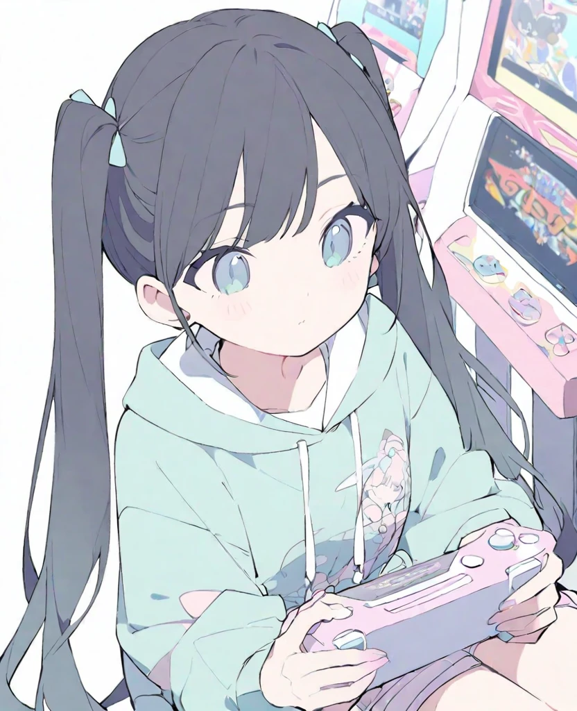 One Girl、Black Hair、Twin tails、hoodie、Playing games、game machine、Flat Color、White Background、(Light Color 1.3)、(Pastel colors 1.2)。