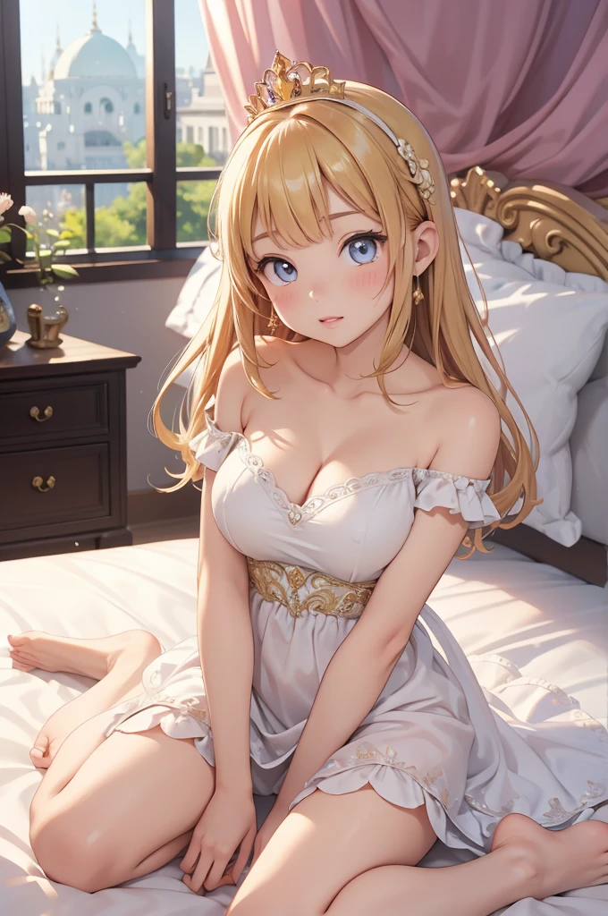 masterpiece, best quality, highres, perfect pixel, depth of field, 1girl, single, beautiful anime girl, beautiful artstyle, (beautiful eyes), (detailed face), (blush), anime CG style, good lighting, perfect body, lips parted, glossy lips,
PRİNCESS、Palace Bedroom、Gorgeous bed、Princess Bed、
Golden PRİNCESS Dresses、Golden tiara、Princess with her arms tied to the bed