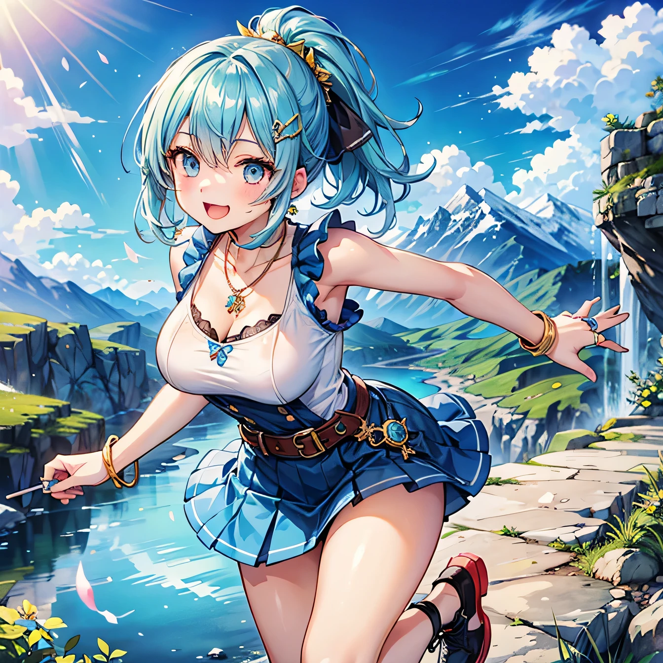 Anime Moe Art Style,Highest quality,High resolution,Anatomically correct,One Girl,Mid-teens,A girl with light blue hair in a ponytail,Super detailed,Fantasy World,Sleeveless blouse,mini skirt,Big Breasts,Shiny skin,Beautiful Skin,A rich expression,Laughing with your mouth open,Mountain trail,Daytime,Running,Eyes drawn in detail,hair ornaments,necklace,bracelet,ring,8K