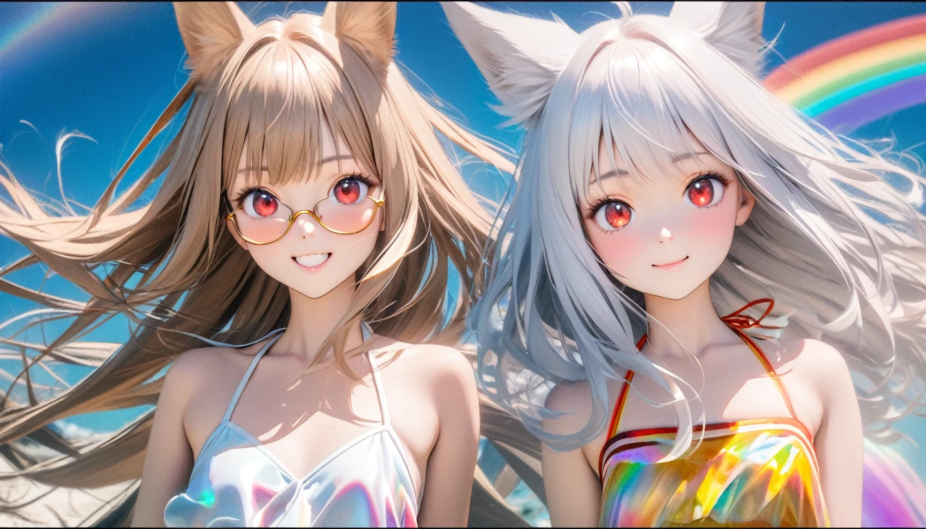 best quality, 8K, original photo, Ridiculous, Extremely detailed, Fox ears,baby face, No makeup, Pleasant smile, slim, Perfect proportion, White straight hair, (wind, wind-effect), Red Eyes, Various visual styles for backgrounds,combines various artistic elements,like a sparkling iridescent rainbow,White Fox Girl,swimsuit,Gold frame glasses