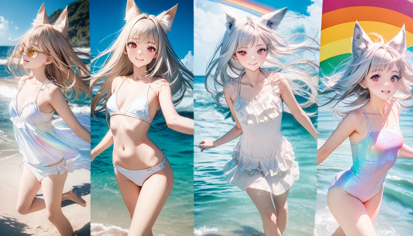 best quality, 8K, original photo, Ridiculous, Extremely detailed, Fox ears,baby face, No makeup, Pleasant smile, slim, Perfect proportion, White straight hair, (wind, wind-effect), Red Eyes, Various visual styles for backgrounds,combines various artistic elements,like a sparkling iridescent rainbow,White Fox Girl,swimsuit,Gold frame glasses