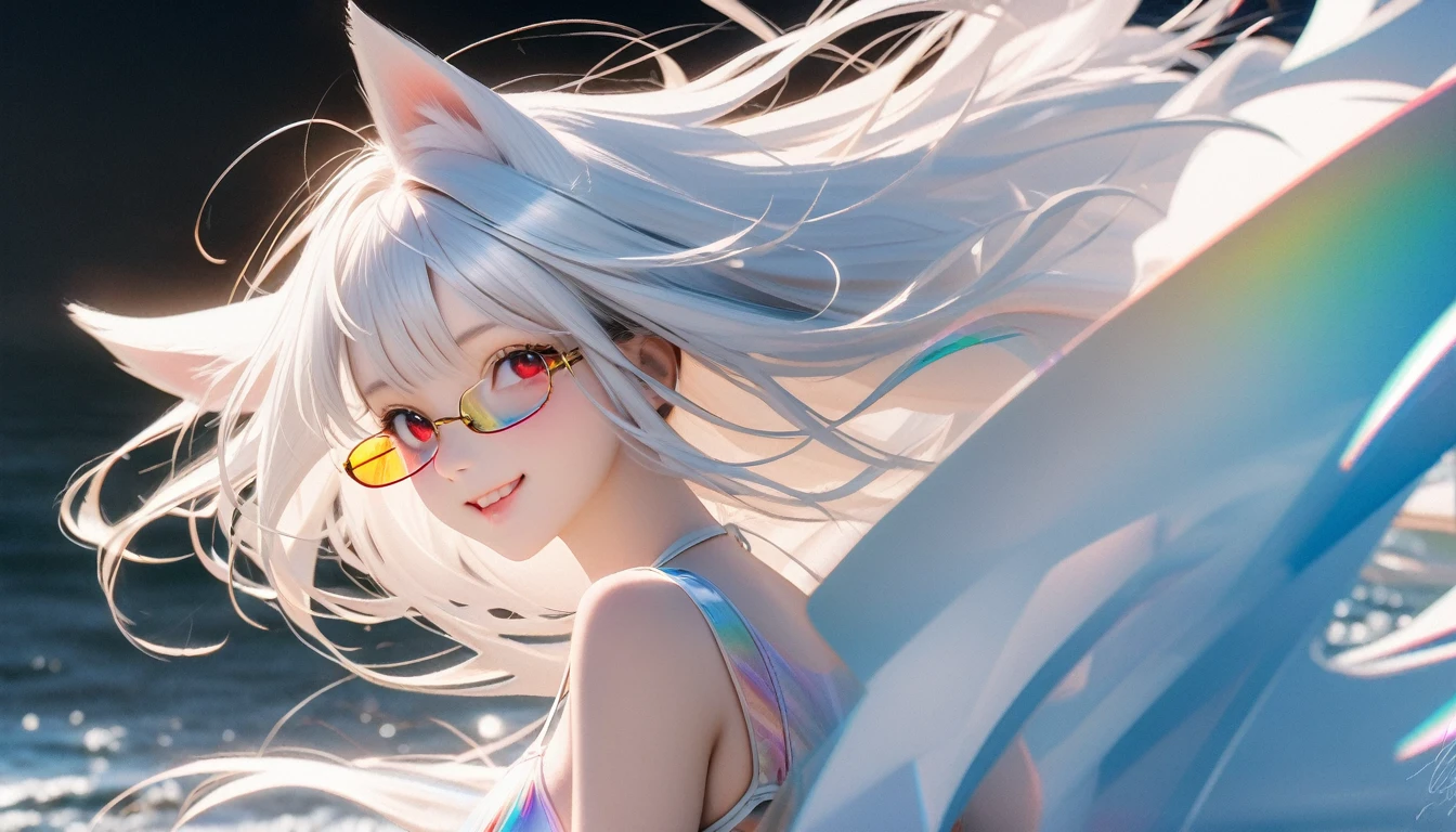 best quality, 8k, original photo, Ridiculous, Extremely detailed, Fox ears，baby face, No makeup, Gentle and focused, slim, Perfect proportion, White straight hair, (wind, wind-effect), Red Eyes, Various visual styles for backgrounds，combines various artistic elements，like a sparkling iridescent rainbow，White Fox Girl，swimsuit，Gold frame glasses