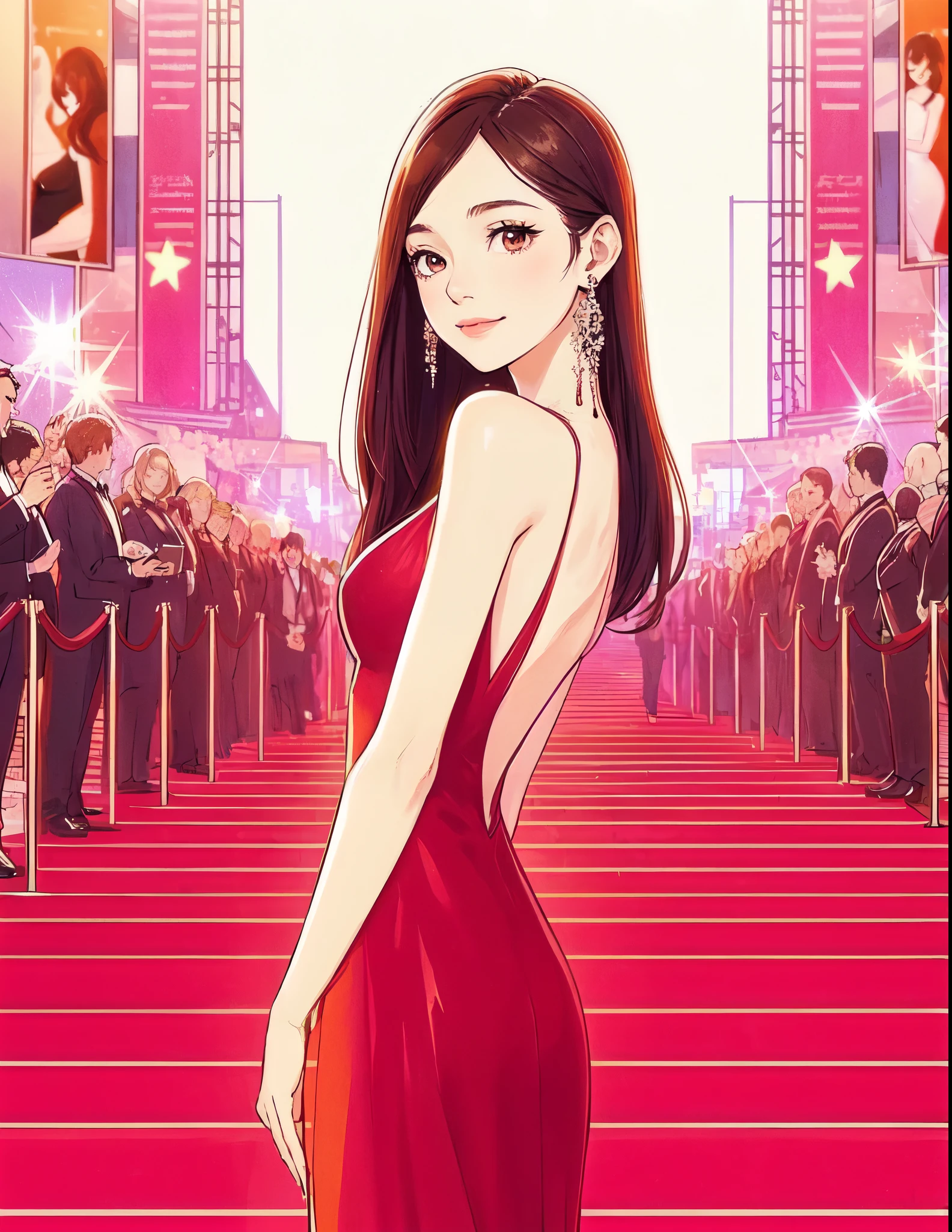 1lady solo, from behind, looking back, walking slowly, actress, (evening dress) stylish, long hem, (mature female:0.8), /(dark reddish-brown hair/) bangs, kind smile, (masterpiece best quality:1.2) delicate illustration ultra-detailed, large breasts BREAK (film festival venue) indoors, (red carpet), crowded, audience, detailed background