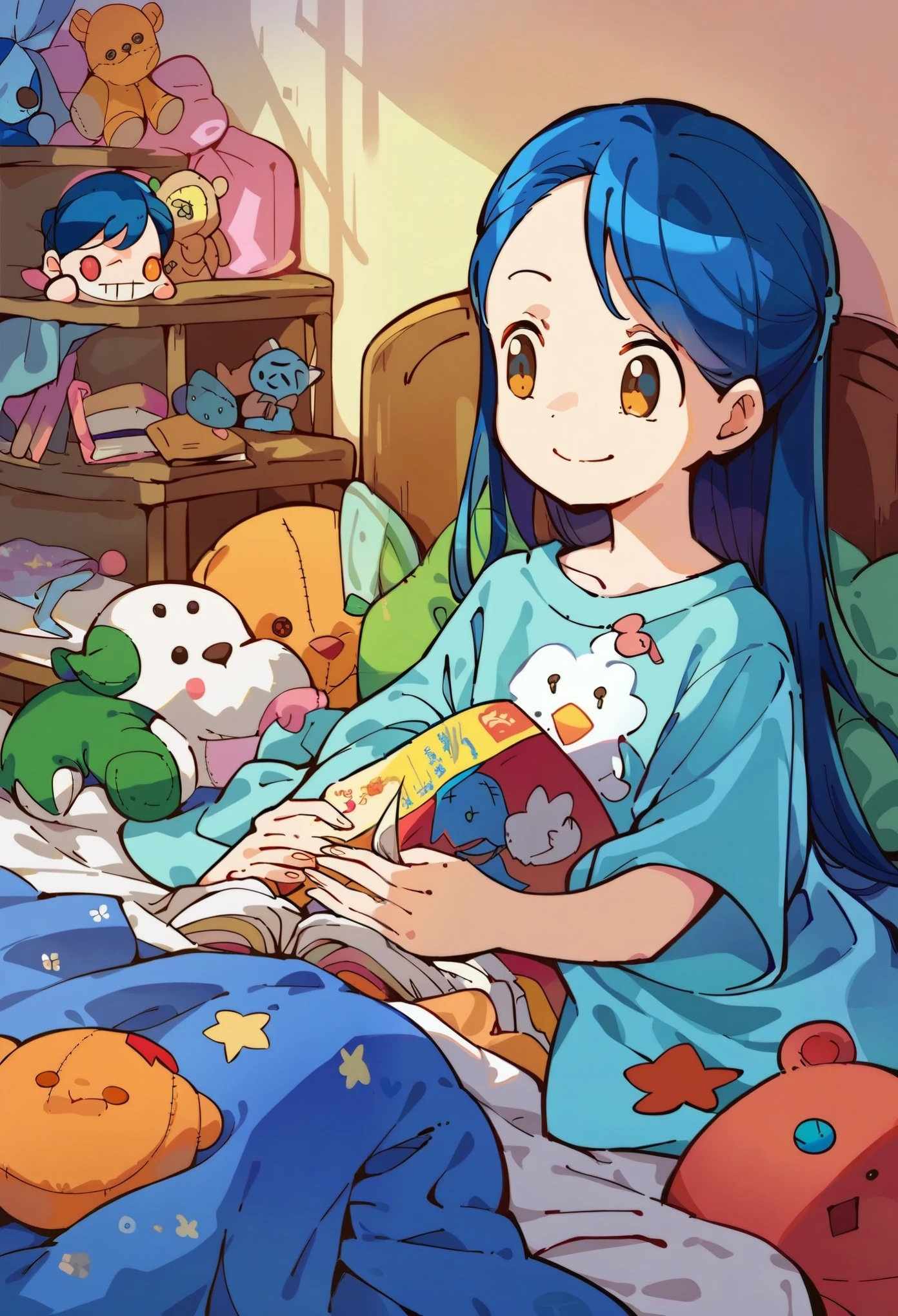 Score_9, score_8_up, embedding:zPDXL, source_anime, rating_questionable, Myne, blue hair, smile, holding book, plushie, oversized shirt, clutter, discarded clothing, inside, bed, under covers
