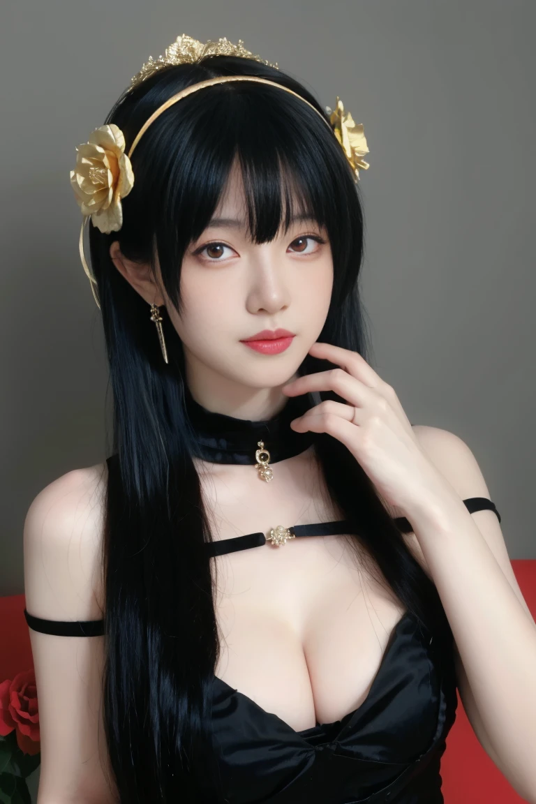 best quality, tmasterpiece,Ultra-high resolution,Clear face,(Reality:1.4),ferpect lighting,(upper body shot), (photorealistic:1.50), anime wallpaper, Guviz style artwork, cover-up fantasy up to magic , by Yang J, Guviz, beautiful artwork illustration, beautiful digital artwork, beautiful digital illustration, Li Song, beautiful anime portrait, art style in Beauvot, Yor briar,
1girl, backlighting, bare shoulders, black background, black dress, black gloves, black hair, blood, blood on face, blood on weapon, breasts, closed mouth, cowboy shot, dress, earrings, expressionless, fingerless gloves, floating hair, floral print, flower, gloves, gold earrings, gold hairband, hair flower, hair ornament, hairband, holding, holding weapon, jewelry, large breasts, light particles, long hair, looking at viewer, off-shoulder dress, off shoulder, petals, red eyes, rose, rose petals, rose print, short hair with long locks, sidelocks, 独奏, spikes, thighs, two-sided dress, two-sided fabric, weapon, (garden background),(computers), indoor,