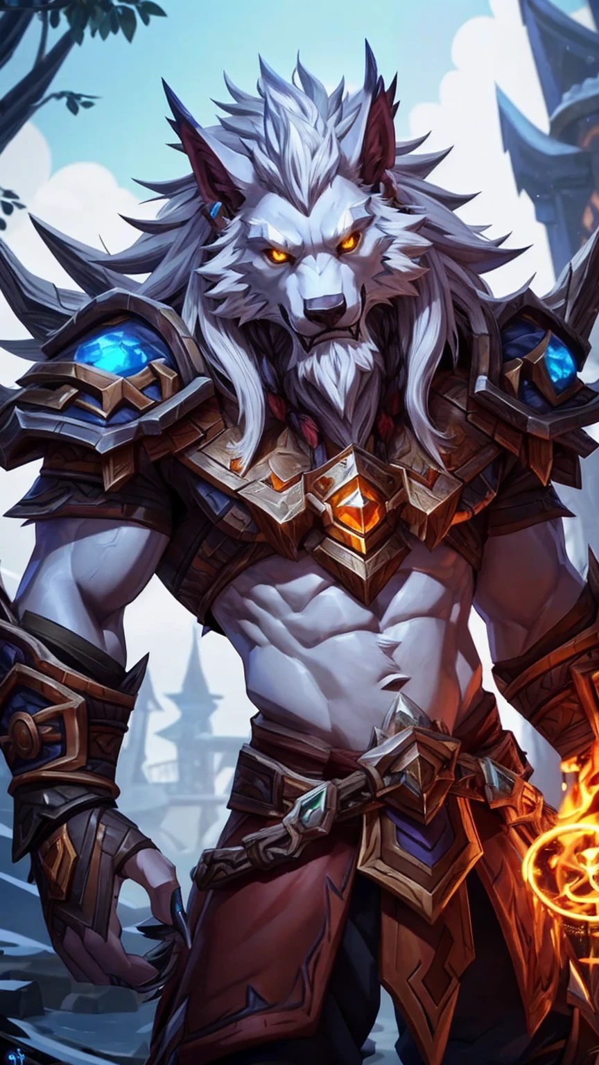 4K, high resolution, Posted on e621 (patto art style),Official Fanart, World of Warcraft同人画, Furry Art, high resolution佣金, World of Warcraft风格, Detailed key animation art, Strong, Full body portrait, (Realistic eye details: 1:2), High Detail, high quality, (best quality,4K,high resolution,masterpiece:1.2),Reference Blizzard Games《World of Warcraft》Genn Greymane,Werewolf,Absolutely pure white hair,White body,White limbs,Golden eyes,middle aged,Some beard