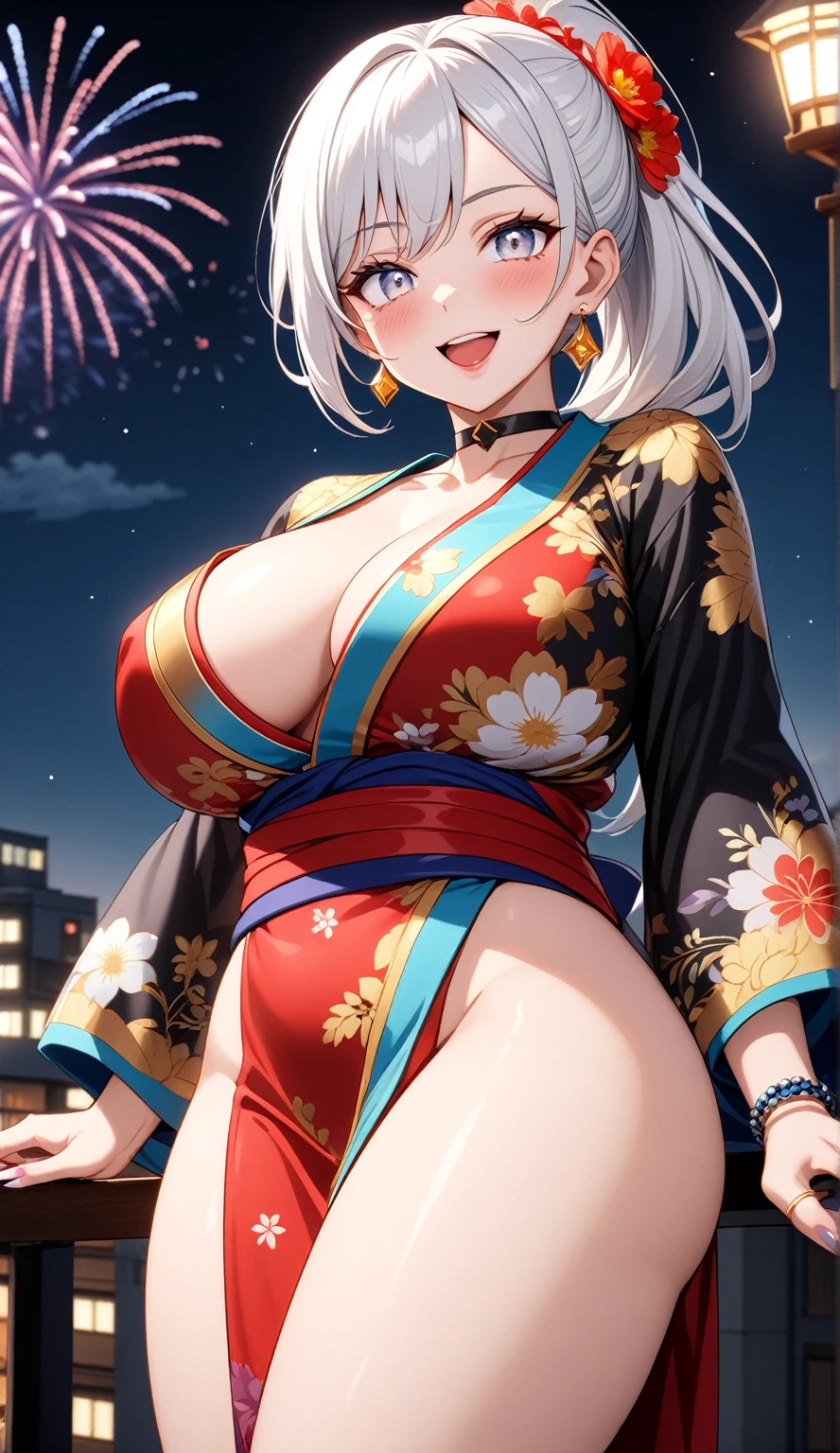 ((One personの女性)), Beautiful Face,Laughing embarrassedly,((Wink:1.9)),Laugh with your mouth wide open((Bright red cheeks:1.4)),Shiny red lips,night,rooftop,Festive decorations,You can see the ocean, firework,Laughing with your mouth open,Glossy pink lips,Lighting on the face,((Anime style background)),masterpiece, Highest quality, so beautiful,Latest, Complex details, (Pink long nails),(ring),(bracelet),(choker),AI-generated, Complex,High resolution, Highest quality, super high quality,3D Images、View your viewers、3D Images,One person,Long white hair,High Ponytail,(blue eyes),Anime woman posing for a photo, ((Fine grain、Silvery white colorful eyes、Shining Eyes:1.4)),(Squint your eyes:1.1),a hyperRealistic , hyperRealistic , Realistic,Anime woman with long and white hair, Smooth anime CG art, A woman in a colorful kimono with gold embroidery, (Black long sleeve kimono),Red floral pattern,Long flower hair ornament,Big earrings,Mature Body,(Big Breasts:1.1),Tall,Abdominal muscles,Narrow waist,(Zoom in on face:1.6),Shooting from below at an angle