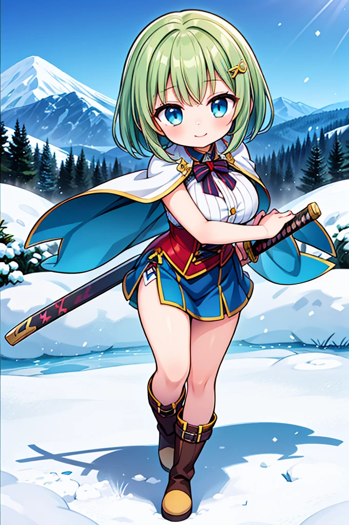 Fantasy,((Masterpiece)),((high resolution)),((Best Quality)),Anime illustration,((1girl)),(ウェーブがかったshort hair),(short hair),(Dark green hair),Braid,Large round light blue eyes,Droopy eyes,12 years old,baby face and big breasts,(very big breasts),(child),Short stature,,sleeveless white blouse,Blue mini skirt,slit,Brown corset,brown capelet,smile,Golden hair ornament,Brown long boots,blue sky,Snow Mountain,Full body image,Battoujutsu,