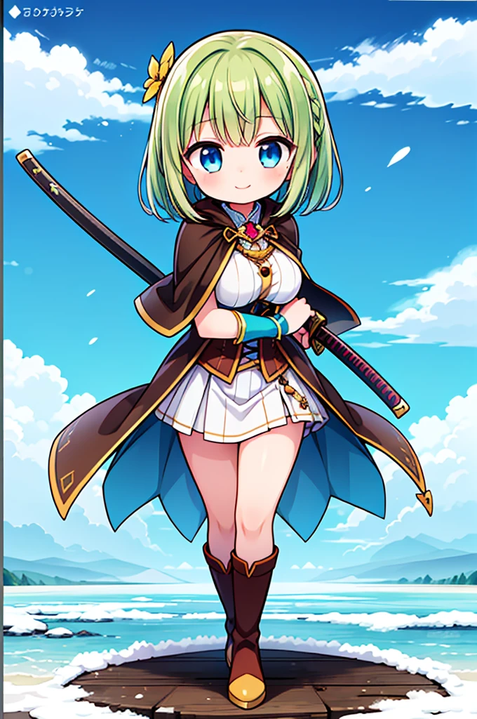 Fantasy,((Masterpiece)),((high resolution)),((Best Quality)),Anime illustration,((1girl)),(ウェーブがかったshort hair),(short hair),(Dark green hair),Braid,Large round light blue eyes,Droopy eyes,12 years old,baby face and big breasts,(very big breasts),(child),Short stature,,sleeveless white blouse,Blue mini skirt,slit,Brown corset,brown capelet,smile,Golden hair ornament,Brown long boots,blue sky,Snow Mountain,Full body image,Battoujutsu,