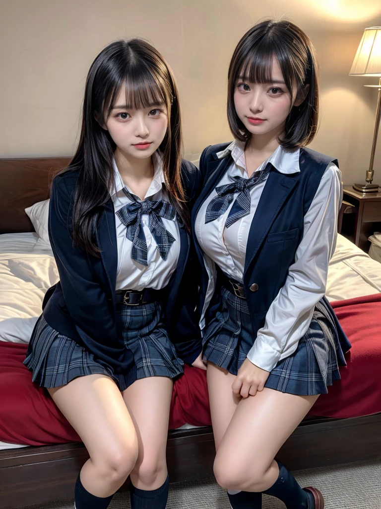 (8K, Raw photography, top-quality, masterpiece:1.2), master piece, best quality, illustration, Super detailed, fine details, High resolution, 8K,wall paper, perfect dynamic composition,(Details High quality, realistic depiction of eyes:1.3), ((2 girls, 2 schoolgirls)), The background is a luxury hotel room、High school girl uniform、blazer 、Super Short Check Uniform Skirt、Navy blue high socks、garterbelts、Colossal tits、Disturbed uniform, Play with each other,Touching each other's bodies,Touching the body of the girl next door, short bob hair, black hair color, huge breasts, Big Natural Color Lip, bold sexy pose, (perfect body shape), crying a little、Beautiful makeup,glitter makeup,Cutest 18 years old, beautiful legs, hposing Gravure Idol, Voluptuous thighs