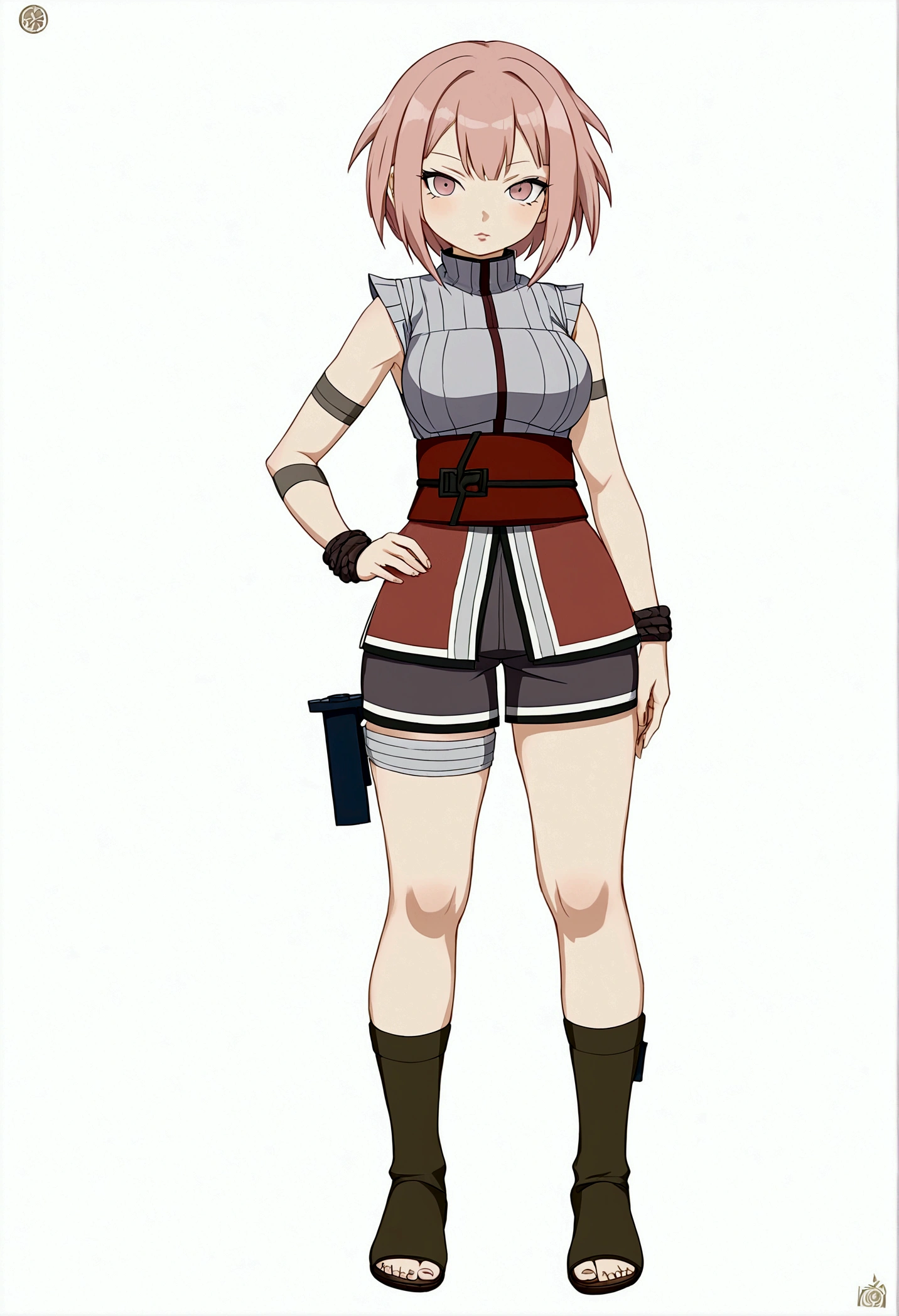 score_9, score_8_up, score_7_up, score_6_up, score_5_up, score_4_up, BREAK, source_anime,
1girl, haruno sakura, pink hair, short hair, green eyes, sleeveless, red shirt, forehead protector, beautiful legs, black gloves,
standing, pussy, bottomless, full body, looking at viewer, solo,  konoha background, konohagakure hiden village background
 