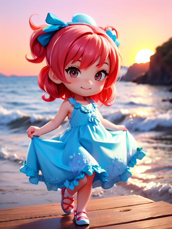 chibi, Women attending a sunset party on the beach。She is wearing a simple and beautiful evening dress.、Ocean waves and a sunset are reflected in the background。The dress is made of a light, fluttering material.、It shines in the light of the setting sun。