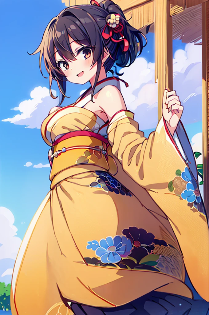 ((Masterpiece)),((high resolution)),((Best Quality)),Anime illustration,((1girl)),,(Black Hair),short hair,Short ponytail,Large, round scarlet eyes,Droopy eyes,smile,15 years old,(Young),baby face and big breasts,large breasts,(low length),(Short),Ladylike,Elegant,blue sky,kimonos,White and red clothes,