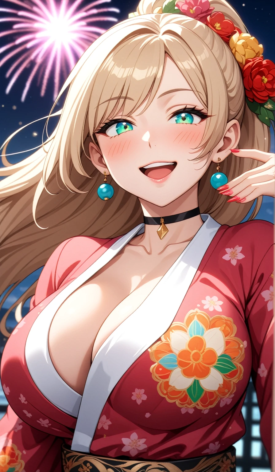 ((One personの女性)), Beautiful Face,Laughing embarrassedly,((Wink:1.9)),Laugh with your mouth wide open((Bright red cheeks:1.4)),Glossy pink lips,night,rooftop,Festive decorations,You can see the ocean, firework,Laughing with your mouth open,Glossy pink lips,Lighting on the face,((Anime style background)),masterpiece, Highest quality, so beautiful,Latest, Complex details, (Pink long nails),(ring),(bracelet),(choker),AI-generated, Complex,High resolution, Highest quality, super high quality,3D Images、View your viewers、3D Images,One person,Long blonde hair,High Ponytail,(Turquoise Eyes),Anime woman posing for a photo, ((Fine grain、Colorful Eyes、Shining Eyes:1.4)),(Squint your eyes:1.1),a hyperRealistic , hyperRealistic , Realistic,Anime woman with long and white hair, Smooth anime CG art, A woman in a colorful kimono with gold embroidery, (Pink long sleeve kimono),Red floral pattern,Long flower hair ornament,big floral earrings,Mature Body,(Big Breasts:1.1),Tall,Abdominal muscles,Narrow waist,(Zoom in on face:1.6),Shooting from below at an angle