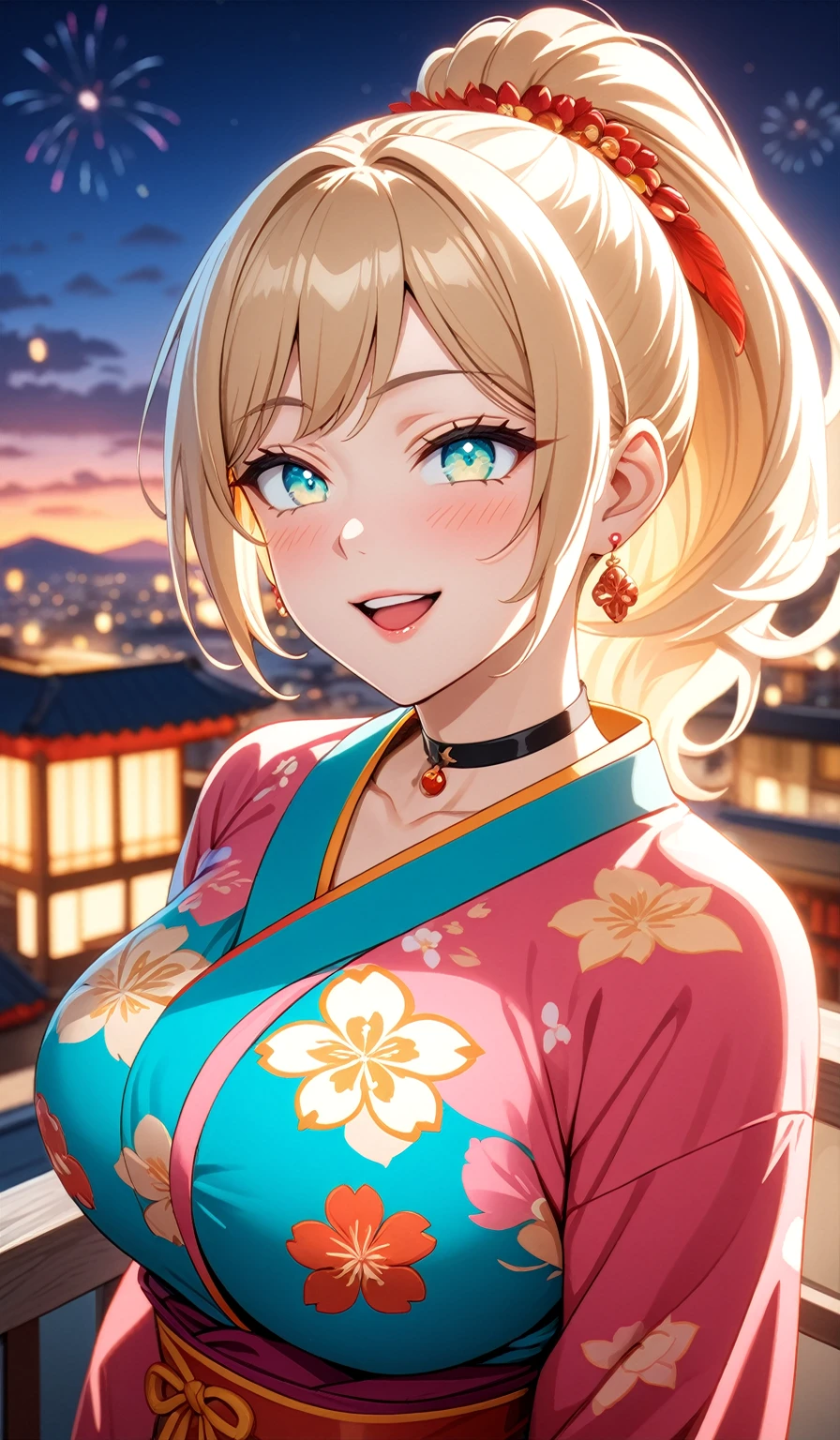 ((One personの女性)), Beautiful Face, (Laughing embarrassedly), (laugh),((Wink:2.0)),((waving at viewer:1.3)), (head tilt:1.3), Laugh with your mouth wide open,((Bright red cheeks:1.4)),Shiny red lips,night,横浜みなとみらいのnight景, firework,Laughing with your mouth open,Glossy pink lips,Facial lighting, ((Anime style background)),masterpiece, Highest quality, so beautiful,up to date, Complex details, (Pink long nails),(ring),(bracelet),(choker),AI-generated, Complex,High resolution, Highest quality, super high quality,3D Images、3D Images,One person,Long blonde hair,High Side Ponytail,(turquoise blue eyes),Anime woman posing for a photo, ((Fine grain、Colorful eyes、Shining Eyes:1.4)), (Squint your eyes:1.1),a hyperRealistic , hyperRealistic , Realistic,Anime woman with long white hair, Smooth anime CG art, A woman in a colorful kimono with gold embroidery, (Pink long sleeve kimono),Red floral pattern,Long flower hair ornament,Earrings,Mature Body,(Big Breasts:1.1),Tall,Abdominal muscles,Tight waist,(Zoom up to face:1.6), (front view),