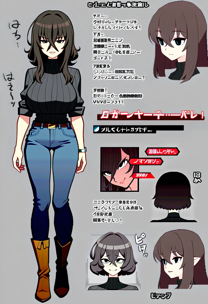One Woman,Downer,older sister,Concept Art,Dark brown hair,Straight hair with slight inward curls,Staring eyes,Eye Ridge,black eye,Crossed bangs,whole body,smile,Larger breasts,Gray background,Bangs that reach down to the eyes,Messy hair,Tight dark jeans,Gray turtleneck sweater,Multiple views of the same character,Character Design,Dark circles under the eyes,Bad look,Listless,Sloppy,Silver Jewelry,Cafe staff,whole bodyCharacter Design,Detailed hands,Height: 170cm,boots,