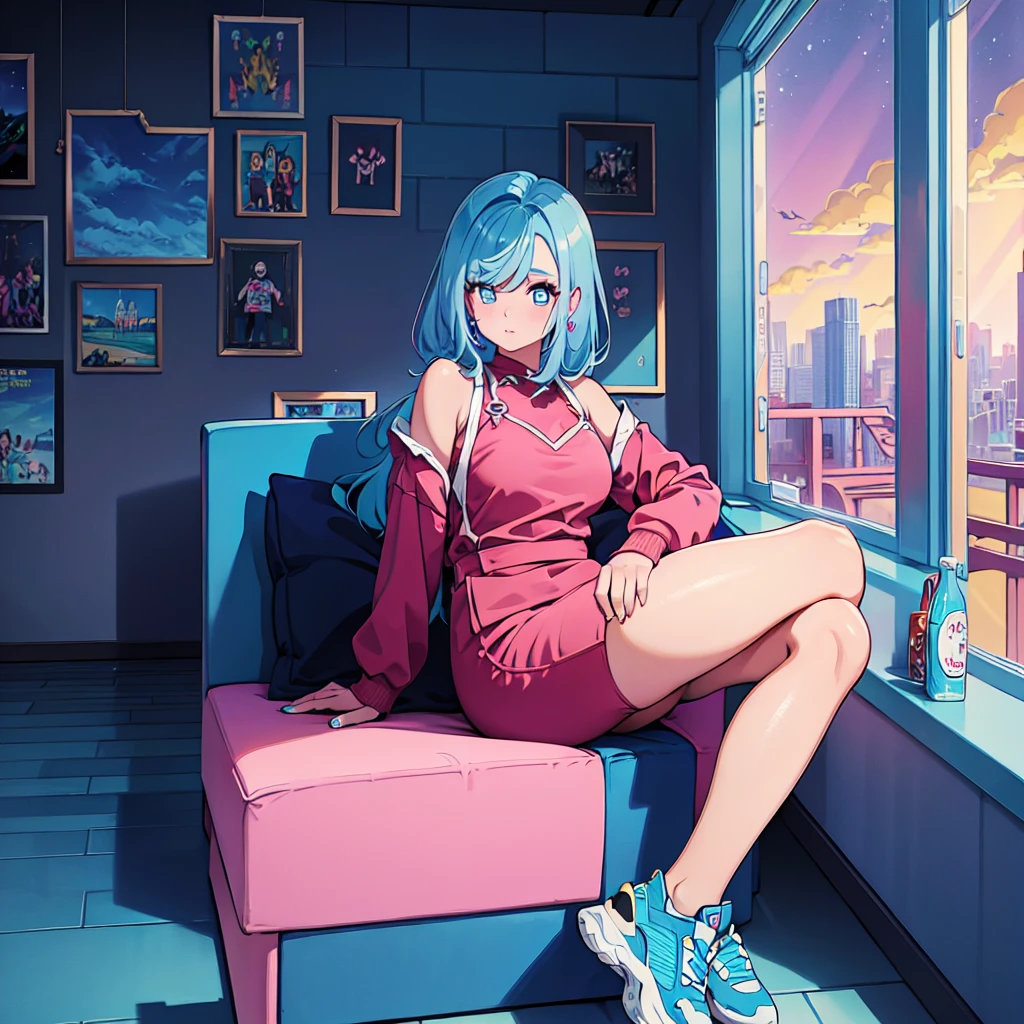 (masterpiece), Highest quality, Expressive eyes, Neon pastel aesthetics, Retro 90s, Neon color,((Girl sitting on sofa,In a cozy room,Records hanging on her wall, Comic books on the floor, Looking out the window behind her at the night city, Upholstered room, Anime figures lined up on a shelf)), Wearing headphones, (All around her it sparkles), (wearing thick colorful sneakers), (blue eyes), (Soft look), (Synthwave Art Style), Colorful Hair, Desk with PC set up