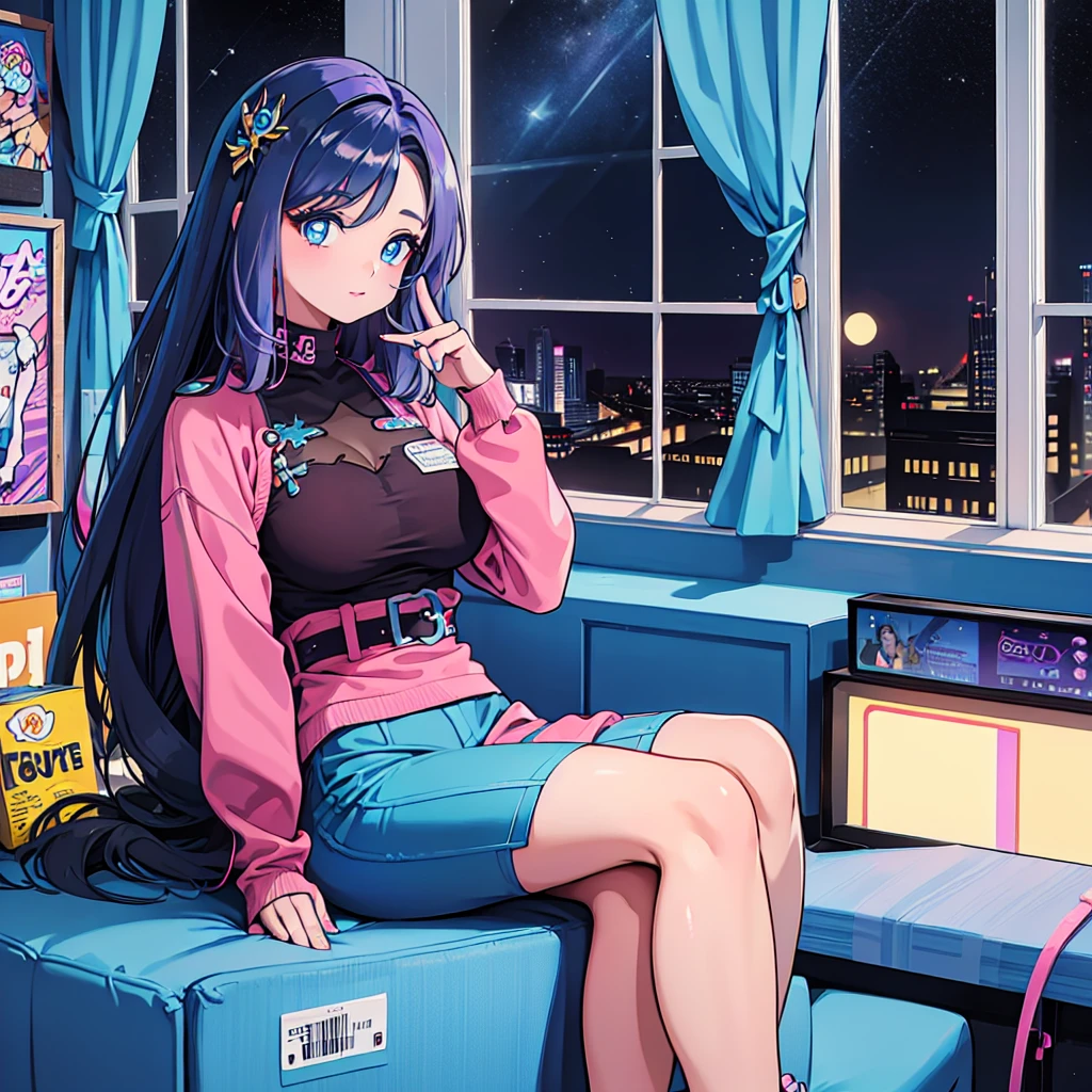 (masterpiece), Highest quality, Expressive eyes, Neon pastel aesthetics, Retro 90s, Neon color,((Girl sitting on sofa,In a cozy room,Records hanging on her wall, Comic books on the floor, Looking out the window behind her at the night city, Upholstered room, Anime figures lined up on a shelf)), Wearing headphones, (All around her it sparkles), (wearing thick colorful sneakers), (blue eyes), (Soft look), (Synthwave Art Style), Colorful Hair, Desk with PC set up