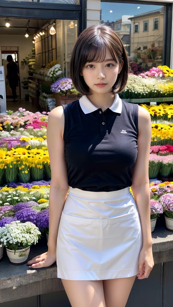 (masterpiece:1.3, top-quality, ultra high res, ultra detailed), (realistic, photorealistic:1.2), beautiful illustration, perfect lighting, natural lighting, colorful, depth of fields, ,
beautiful detailed hair, beautiful detailed face, beautiful detailed eyes, beautiful clavicle, beautiful body, beautiful chest, heavy chest, beautiful thigh, beautiful legs, beautiful fingers, shiny skin,
looking at viewer, 1 girl, japanese, 22 years old, (perfect anatomy, anatomically correct, super detailed skin), cute and symmetrical face, babyface, perfect face, perfect eyes, perfect fingers,
(short bob hair, straight hair, hair slicked back:1.6, blue hair), parted bangs, dark purple eyes, big eyes, drooping eyes, long eyelashes, faint lips, ((saggy breasts), Don't expose it, seductive thighs), outstanding style,
(detailed cloth texture, break, sleeveless collared polo shirt, tight skirt, black apron), break,
(beautiful scenery), ((behind flower shop:1.5)), standing, ((hold a big bouquet:1.2)), (parted lips),