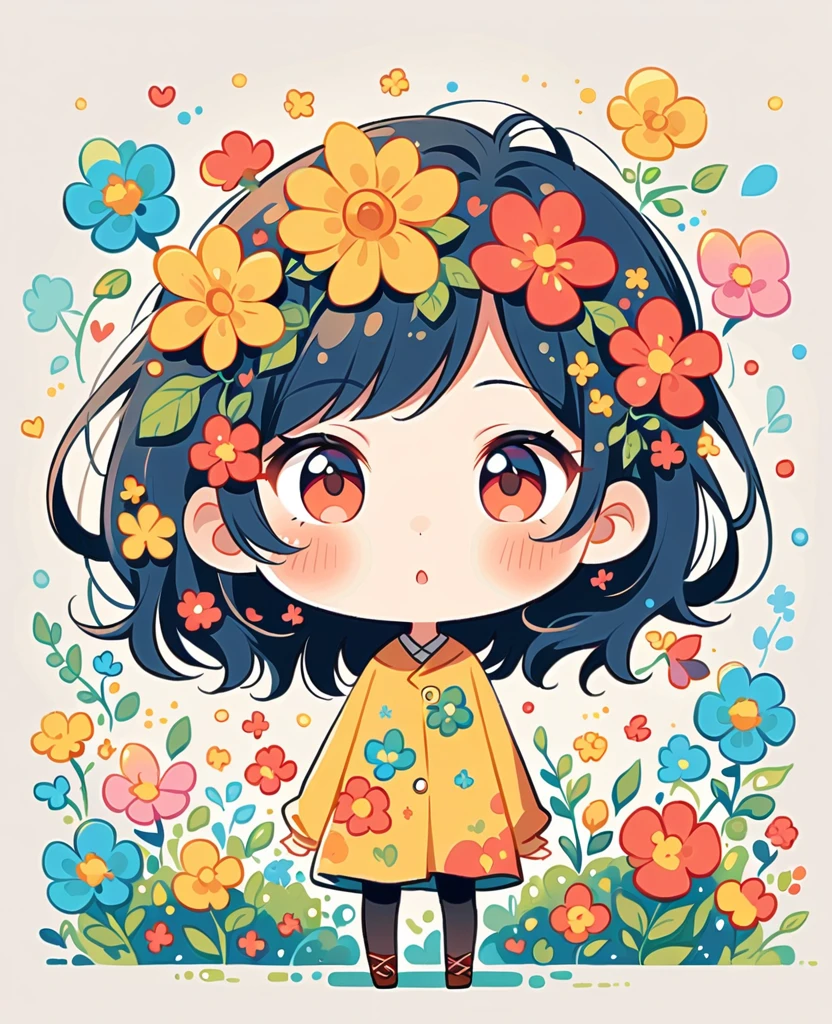Watase Seizo style, Standing in front of a high wall，Simple Line Initialism，Abstract art，galactic universe Background, (((The most beautiful girl))), (((chibi))), colorful flowers, 