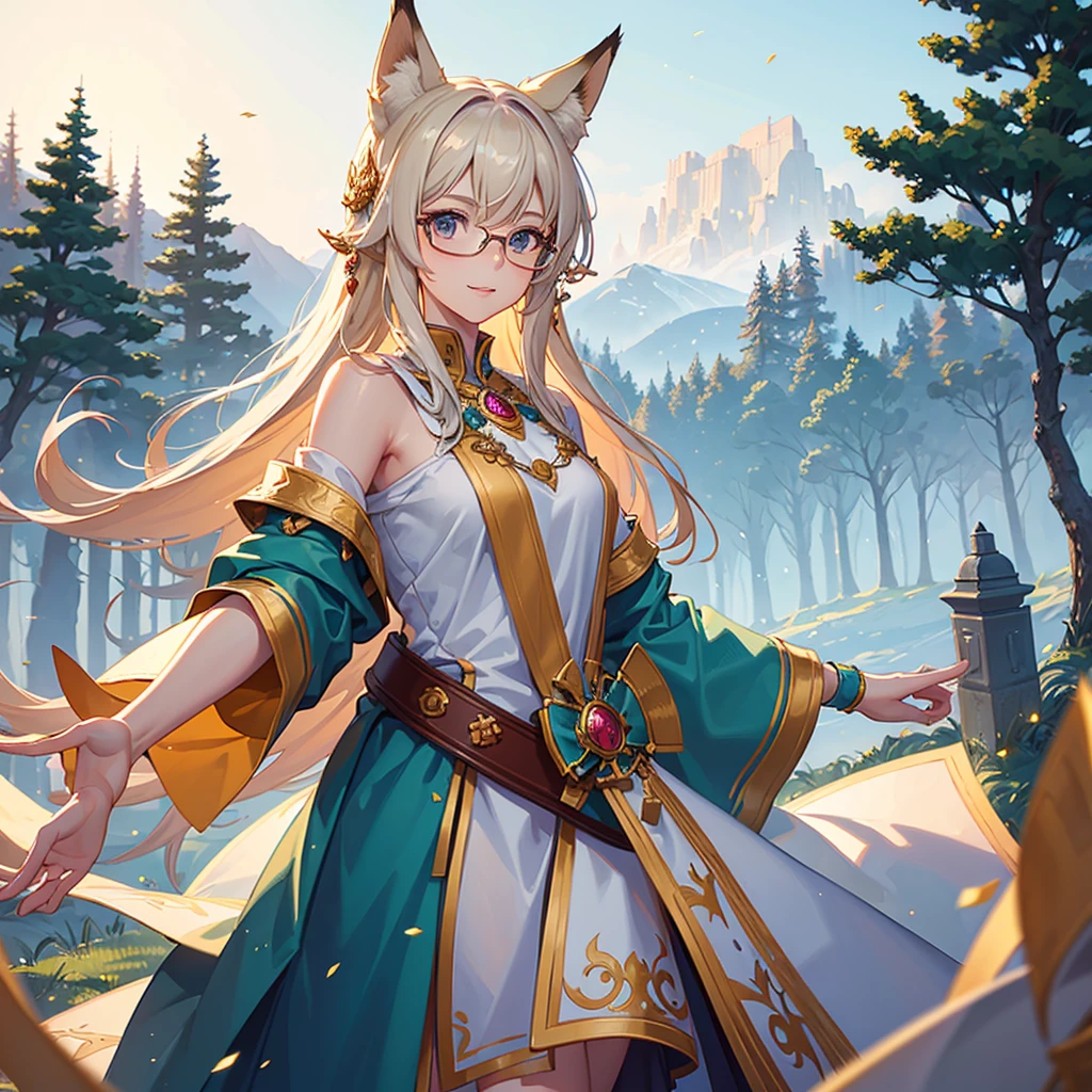 ((Best quality)), ((masterpiece)), (detailed), best quality，8K，original photo，This is a perfect face，Fox-eared maiden，touch fox，Castle Background， Liveliness. Carefree happy joy bokeh background. Quiet aesthetics. Soft lighting. Artistic Lighting. wearing glasses