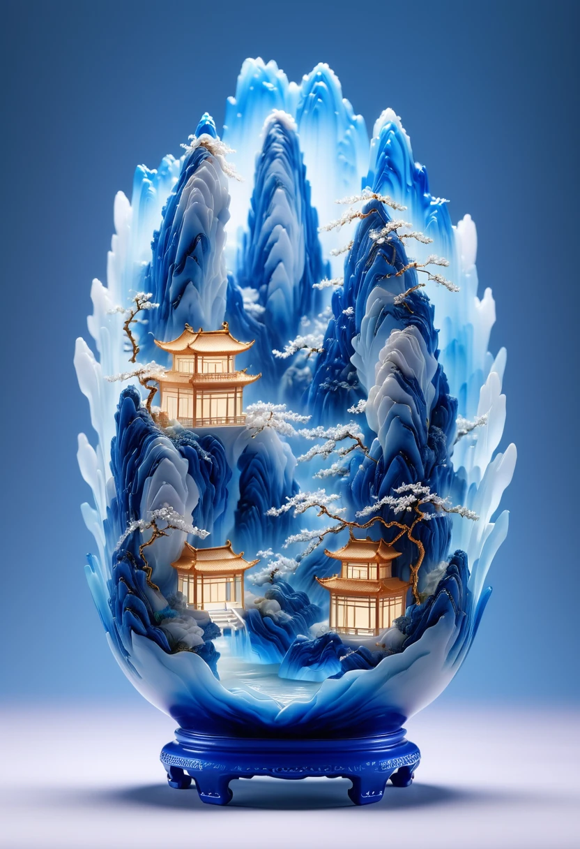 Micro landscape design carved on blue and white porcelain vase,Translucent glass material,Blue-white gradient,Traditional Chinese landscape painting,Abstract shapes,Minimalism,Cave,,3d