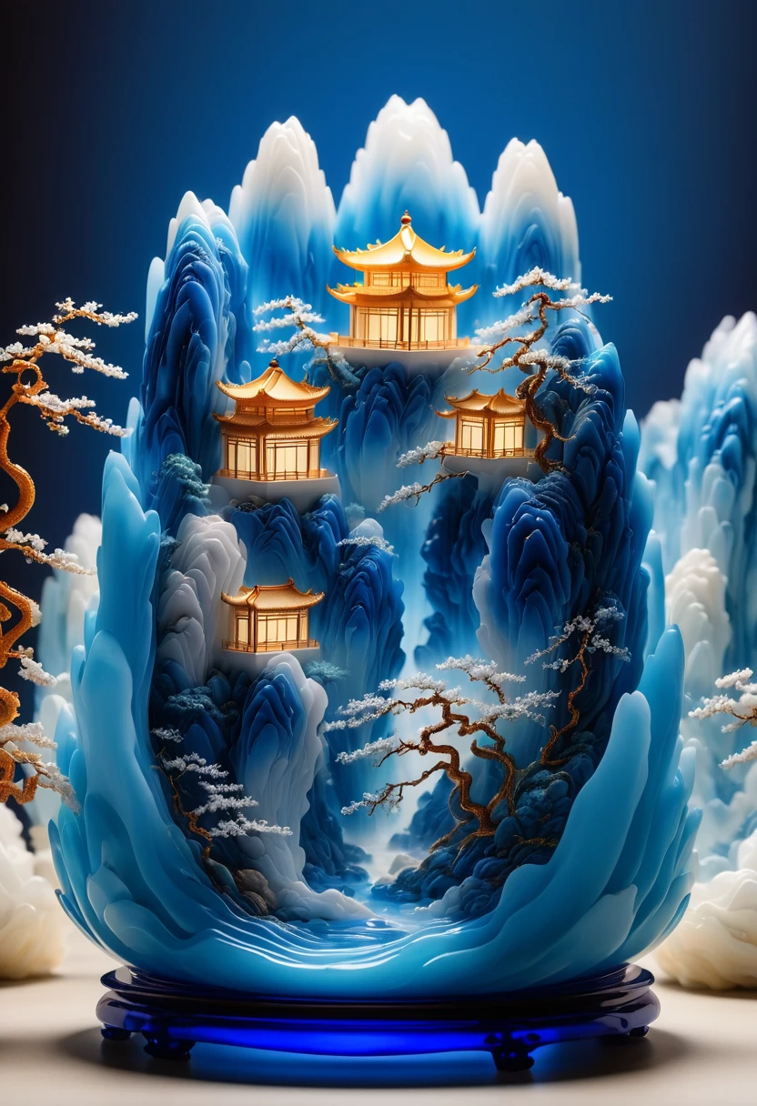 Micro landscape design carved on blue and white porcelain vase，Translucent glass material,Blue-white gradient,Traditional Chinese landscape painting,Abstract shapes,Minimalism,Cave，,3d