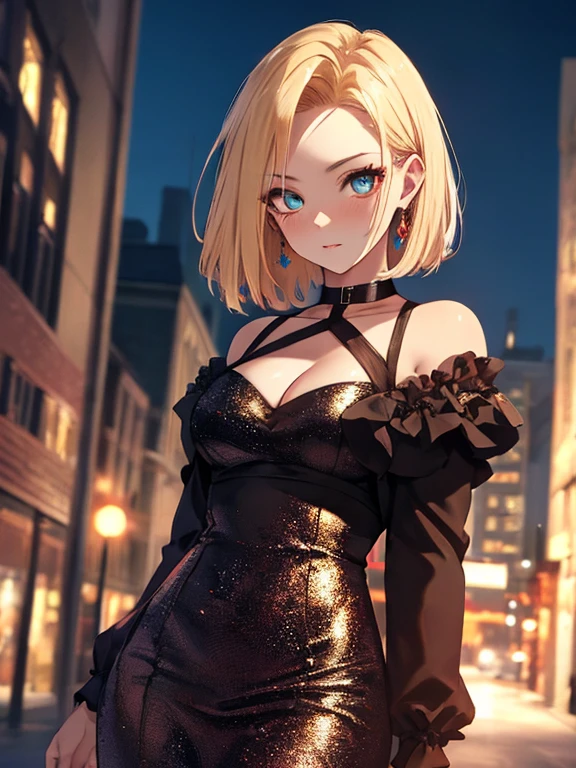 android18Number, Evening Dress, Night view, Beauty, Beautiful eyes, uhd, retina, masterpiece, ccurate, anatomically correct, textured skin, super detail, high details, high quality, best quality, highres, 4K
