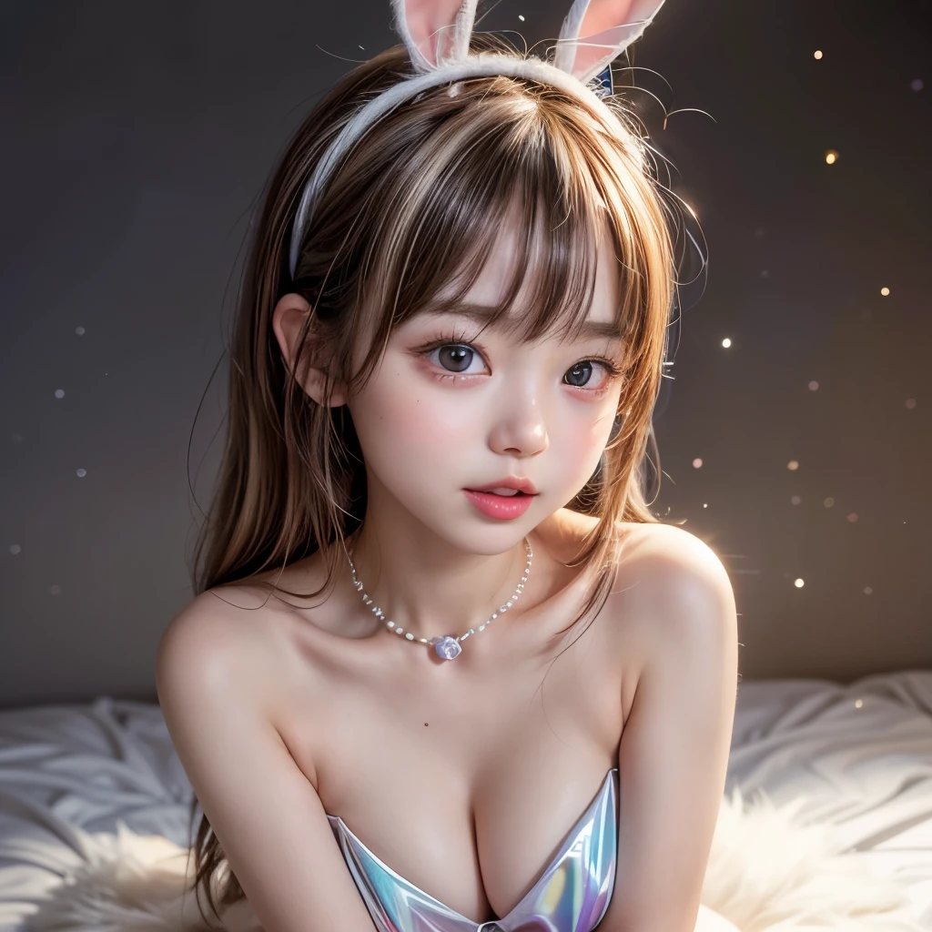 NSFW, 8k, High-level, absurd, masterpiece, best quality, primitive, very detailed CG, very detailed wallpaper, perfect lighting, Extremely detailed (((The personifying " bugs bunny " as a ))), MysticSight, Tyndall effect, Tyndall scattering, Studio gray background with (many Dazzling RainbowColor particles BokeH:1.28), (RoundlyButts, ThighGap), (Exposed:0.4), (Assfocus with looking ahead), BREAK (NOGIZAKA face variations) Extremely Detailed very KAWAII face variations, perfect anatomy, Childish, captivating gaze, elaborate detailed Eyes with (sparkling highlights:1.28), long eyelashes、Glossy RED Lips with beautiful details, Coquettish tongue, Rosy cheeks, Radiant PearlSkin with clear transparency . { (Dynamic LifeLike expressions:1.4) | :d) }, (large eyes:-1) .