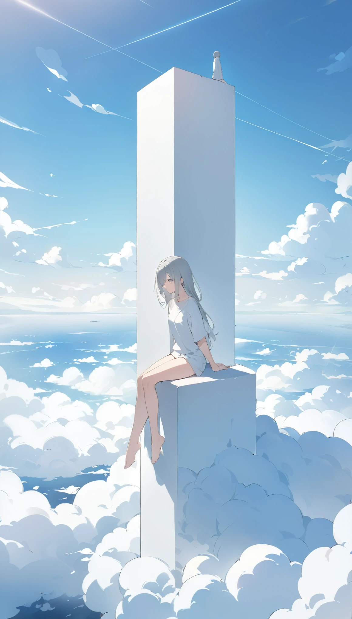 One Girl、Highest quality、masterpiece、Perfect Anatomy、Girl sitting on a pillar、A thin pillar stretching high into the sky、Mysterious cylindrical pillar、Height 3000m、sea of clouds、blue sky、Sitting cross-legged、Hair blowing in the wind、Gray Hair、Girl staring into the distance、White clothes、barefoot、Full body angle、sea of clouds