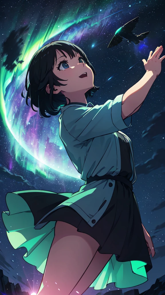  girl looking up at the comet sky, Aurora, full moon, mysterious world, divine world, anime, dynamic pose, happy expression, long black hair