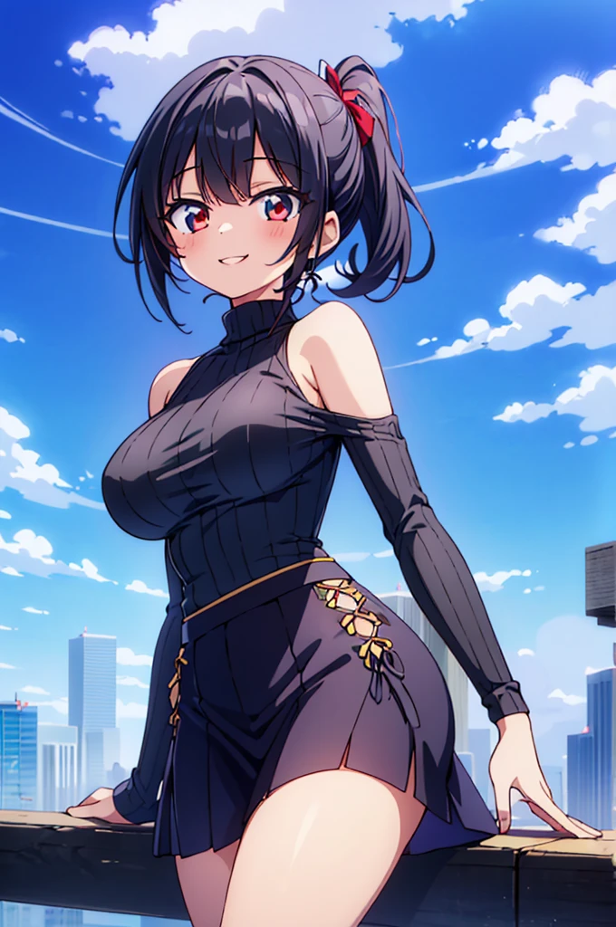 ((Masterpiece)),((high resolution)),((Best Quality)),Anime illustration,((1girl)),,(Black Hair),short hair,Short ponytail,Large, round scarlet eyes,Droopy eyes,smile,,(Young),baby face and big breasts,large breasts,(low length),(Short),white shoulder sweater,Slit Skirt,Long skirt,Ladylike,Elegant,blue sky,