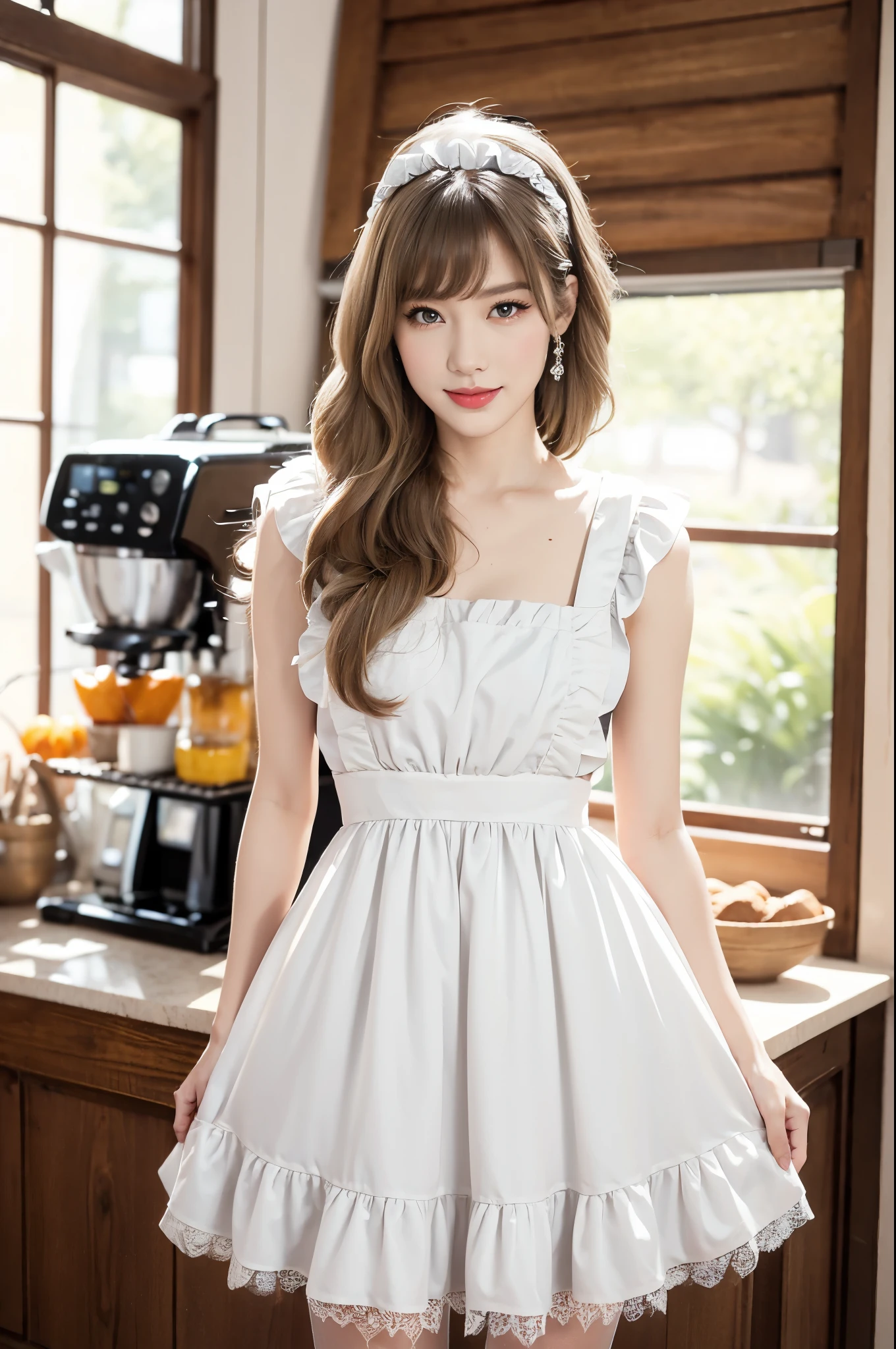 (((best quality))),(((ultra detailed))),(((masterpiece))),illustration,1girl,maid cafe,stunningly beautiful,slim,medium straight bob hair,bare back,towering hips,butt crack,deep captivating eyes,maid costume,see through lace apron,short hemline,bare arms,arms behind back,thighs,slender legs,pantyhose,graceful movements,confident charm,warm genuine smile,France cafe,delicious coffee pastries,warm inviting atmosphere,joyful eyes,Coffee Machine,upper body,from back