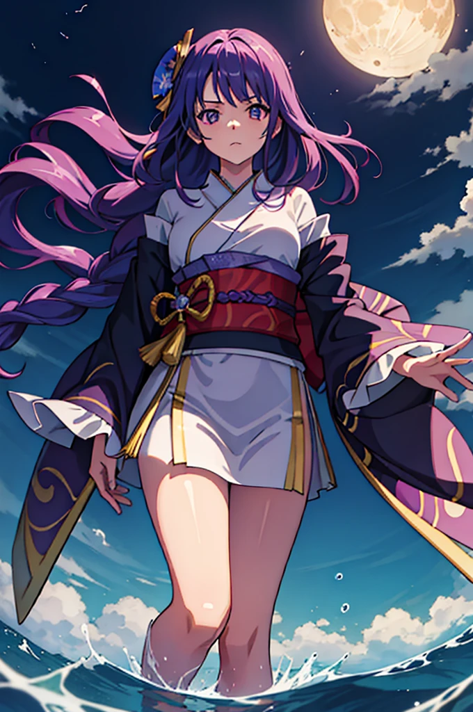 (Scene depicting a woman walking on the surface of a lake)Ripples spreading from the soles of the feet,The lake is very quiet,Like a mirror。She wore a kimono with her long purple hair bunched up,Show me her meaty legs。Her image is very anime-like,It's as if it's right in front of you,Eta、The picture is very clear,gives lightness、Ethereal feeling。Moonlit、high-level image quality、hightquality、masutepiece、Face Details、Big Moon、anime image、Anime style