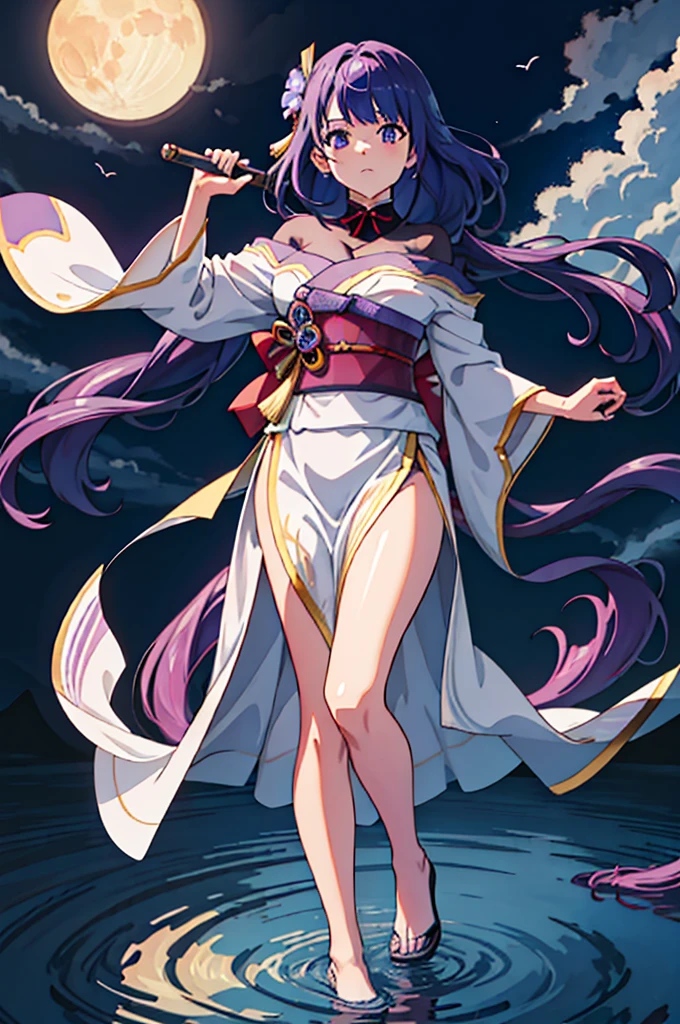 (Scene depicting a woman walking on the surface of a lake)Ripples spreading from the soles of the feet,The lake is very quiet,Like a mirror。She wore a kimono with her long purple hair bunched up,Show me her meaty legs。Her image is very anime-like,It's as if it's right in front of you,Eta、The picture is very clear,gives lightness、Ethereal feeling。Moonlit、high-level image quality、hightquality、masutepiece、Face Details、Big Moon、anime image、Anime style