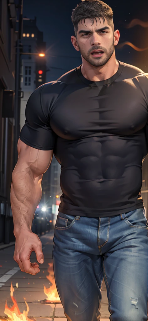 (Create a masterpiece: 1.2),(CGI art:1.3),(realistic:1.5),(After processing:1.3),(Sharp focus:1.3),man sleeping against wall , , straight, front ,Chris Redfield , (round neck T-shirt:1.2) ,Wear color navy round neck T-shirt with a police badge: 1.4), Navy blue jeans, Korean guy , korean men, (High gloss details), chest muscles, large arm muscles, blood vessel, Big muscles, Broad shoulders, looking at the audience, Balancing the eyes, middle of the road ,dark black gloomy hallway in the background, detailed face, shadow, volumetric lighting ,(open mouth:1.6) ,(Fire blazes behind), (run to camara)