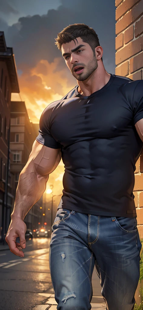 (Create a masterpiece: 1.2),(CGI art:1.3),(realistic:1.5),(After processing:1.3),(Sharp focus:1.3),1 man , straight, front ,Chris Redfield , (round neck T-shirt:1.2) ,Wear color navy round neck T-shirt with a police badge: 1.4), Navy blue jeans, Korean guy , korean men, (High gloss details), chest muscles, large arm muscles, blood vessel, Big muscles, Broad shoulders, looking at the audience, Balancing the eyes, middle of the road ,dark black gloomy hallway in the background, detailed face, shadow, volumetric lighting ,(open mouth:1.6) ,(Fire blazes behind), (run to camara)