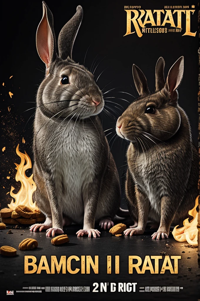 Dessine une affiche de promotion pour un combat de MMA entre biscotte (un lapin noir), Lana (un rat très très laid) et Pascal (un rat très beau)
