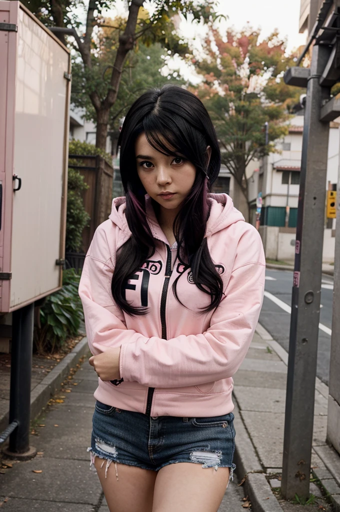 Anime girl black hair and pink hair with hoodie black