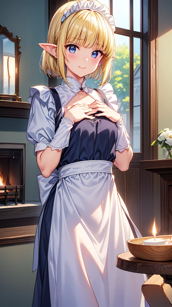 Very close、((Focus on the upper body))、(((16K、masterpiece、High resolution、High resolution)))、((****ung elven girl))、((Beautiful blonde))、short hair、((Beautiful Blue Eyes))、((Pointed Ears))、、Smiling Kindly、Grin、blush、Pink Lip Gloss,((Maid outfit、White apron))、((Living room of an old Western-style house、fireplace、Candlelight))、look at me、((Place your hands on your chest))