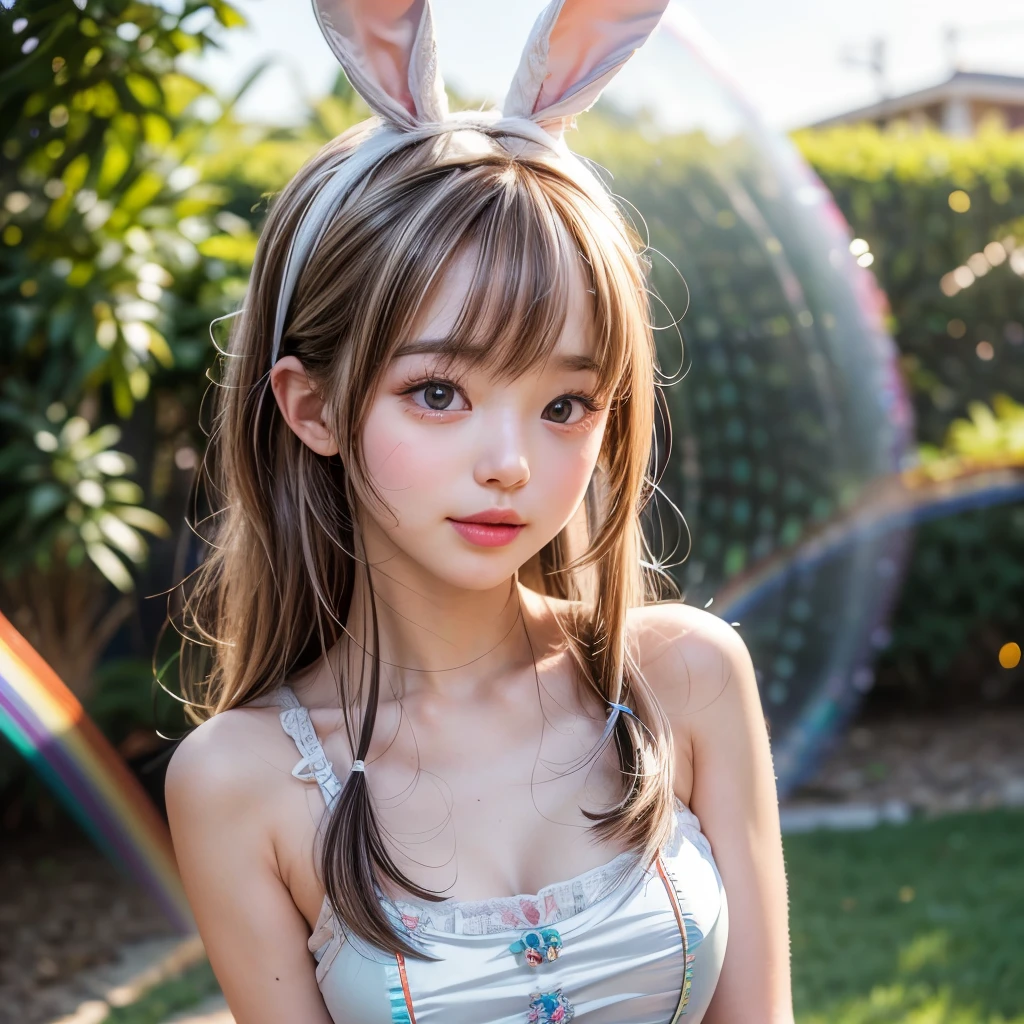 NSFW, 8k, High-level, absurd, masterpiece, best quality, primitive, very detailed CG, very detailed wallpaper, perfect lighting, Extremely detailed (((The personifying " bugs bunny " as a Little Girl))), MysticSight, Tyndall effect, Tyndall scattering, Studio gray background with (many Dazzling RainbowColor particles BokeH:1.28), (RoundlyButts, ThighGap), (Exposed:0.4), (Assfocus with looking ahead), BREAK (NOGIZAKA face variations) Extremely Detailed very KAWAII face variations, perfect anatomy, Childish, captivating gaze, elaborate detailed Eyes with (sparkling highlights:1.28), long eyelashes、Glossy RED Lips with beautiful details, Coquettish tongue, Rosy cheeks, Radiant PearlSkin with clear transparency . { (Dynamic LifeLike expressions:1.4) | :d) }, (large eyes:-1) .