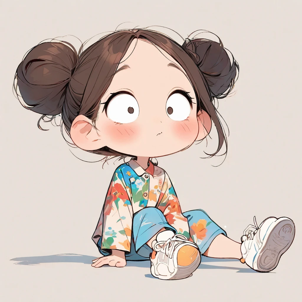 (masterpiece, highest quality:1.2), Cartoon style character design。Pure white background，1 girl, alone，Big eyes，Cute expression，Two buns hair，Floral Shirt，Work clothes，White sneakers，stand，interesting，interesting，Clean Lines，Solid color background，Vibrant colors ，exceptionally high detail