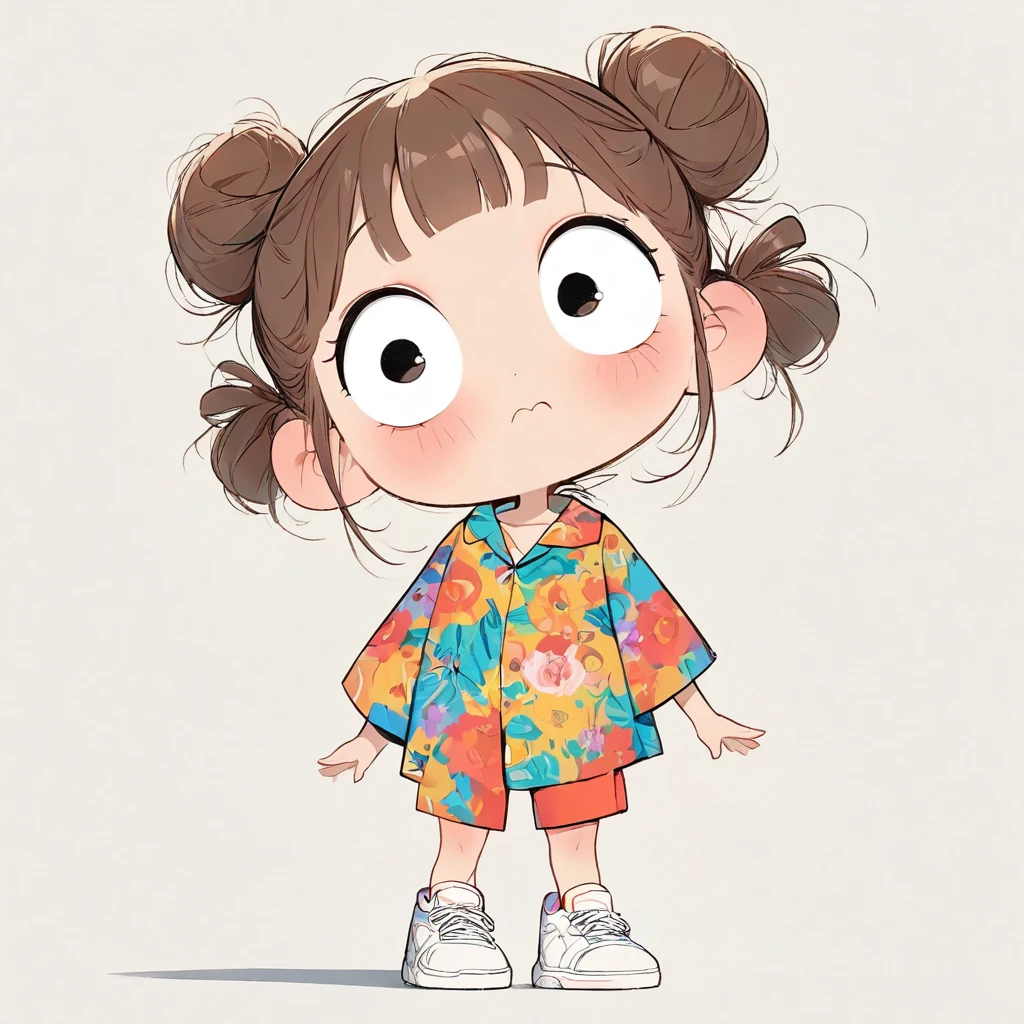 (masterpiece, highest quality:1.2), Cartoon style character design。Pure white background,1 girl, alone,Big eyes,Cute expression,Two buns hair,Floral Shirt,Work clothes,White sneakers,stand,interesting,interesting,Clean Lines,Solid color background,Vibrant colors ,exceptionally high detail
