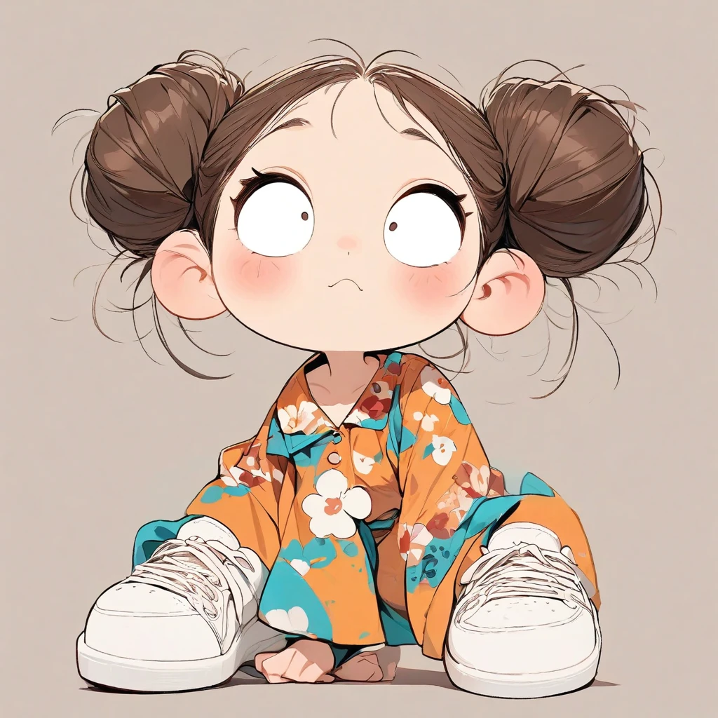 (masterpiece, highest quality:1.2), Cartoon style character design。Pure white background，1 girl, alone，Big eyes，Cute expression，Two buns hair，Floral Shirt，Work clothes，White sneakers，stand，interesting，interesting，Clean Lines，Solid color background，Vibrant colors ，exceptionally high detail