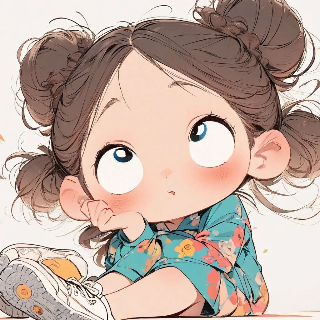 (masterpiece, highest quality:1.2), Cartoon style character design。Pure white background，1 girl, alone，Big eyes，Cute expression，Two buns hair，Floral Shirt，Work clothes，White sneakers，stand，interesting，interesting，Clean Lines，Solid color background，Vibrant colors ，exceptionally high detail