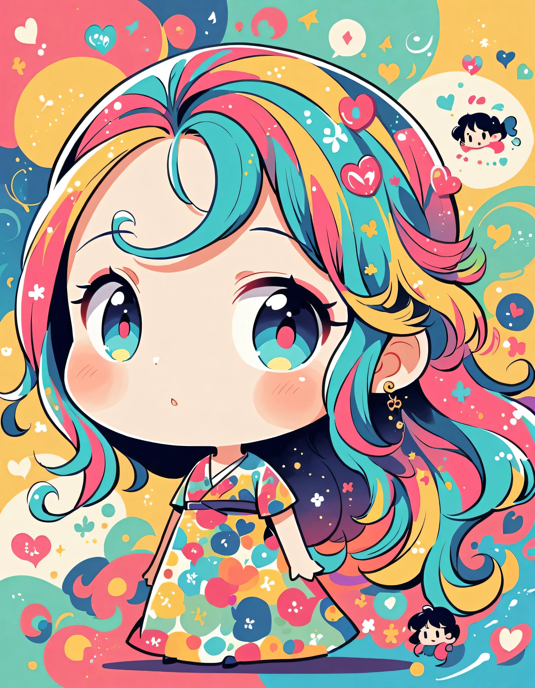 Momoko style, Simple Line Initialism，Abstract art，Urban Background, colorful hearts ,(((The most beautiful girl of all time))), (((chibi))), 