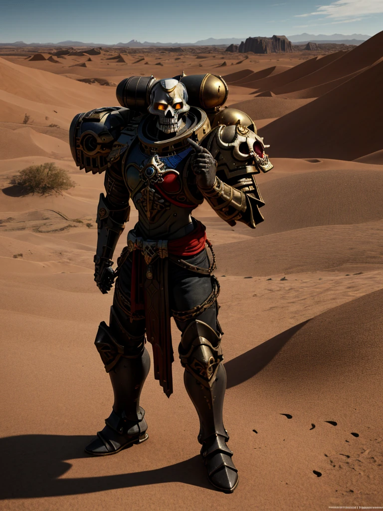 a skeleton,Warhammer 40k,space marine,black gold ruby armor with intricate designs,acquired a sisterhood,Dynamic pose,male,Polar desert landscape,Volumetric cinematic lighting,very detailed skull,Realistic Reflections,